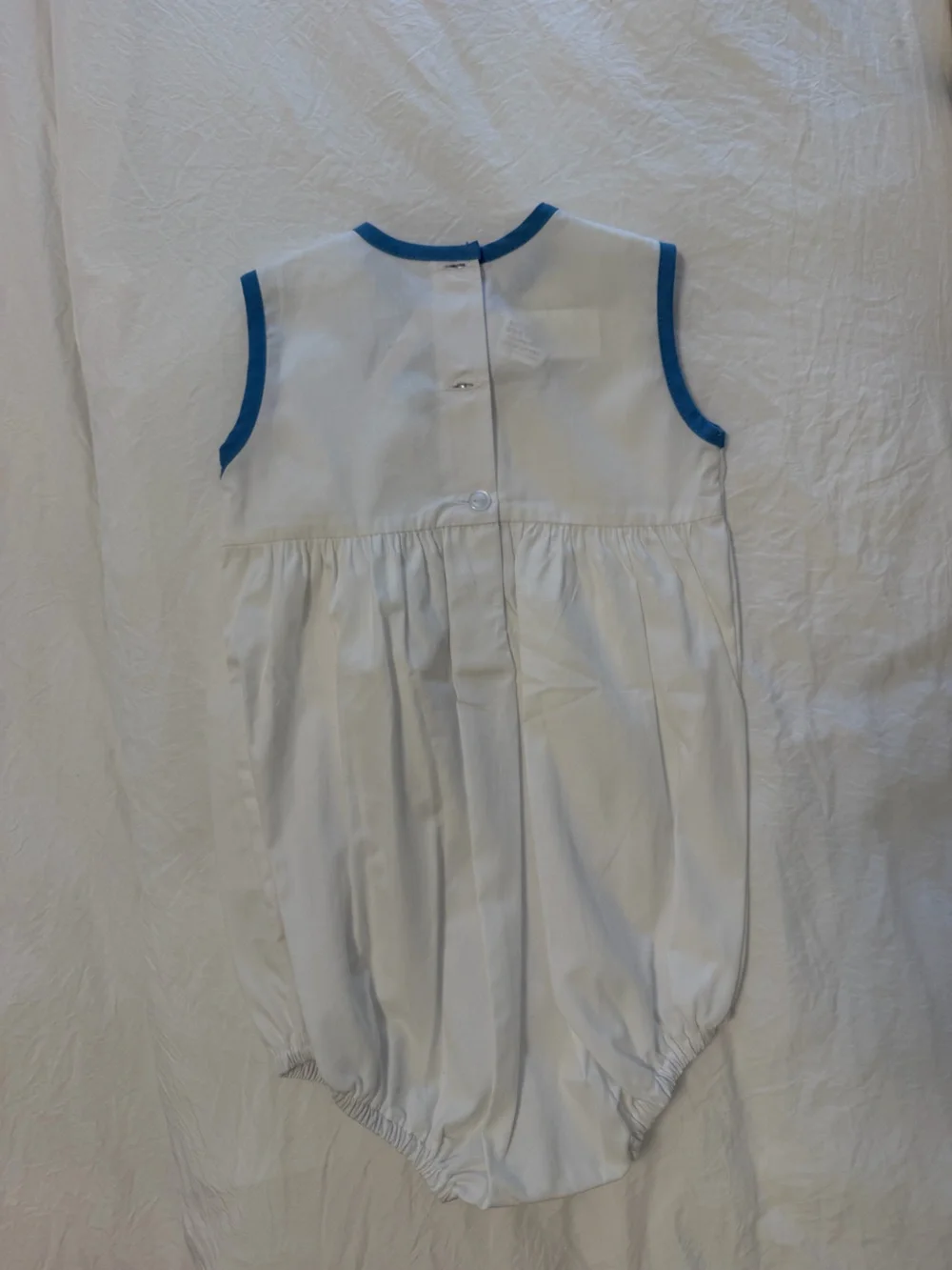 White Baby Bubble Romper with Blue Trim and Grape Embroidery- NWT